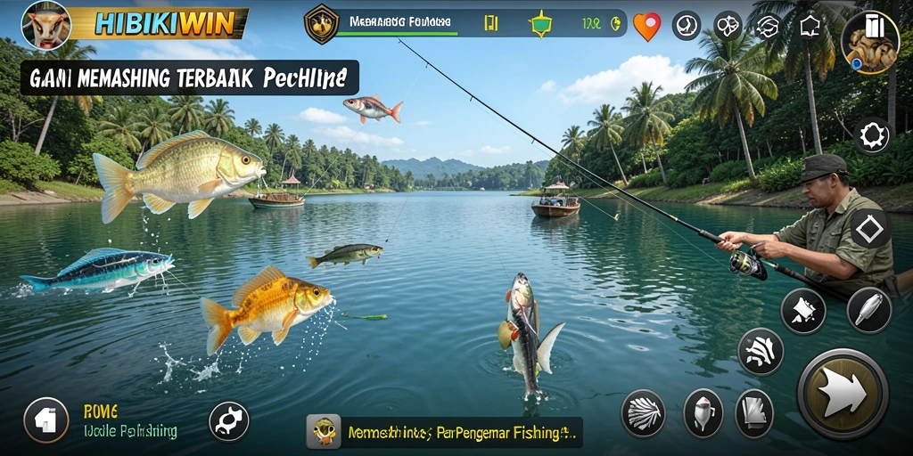 Screenshot gameplay HIBIKIWIN saat menangkap ikan di laut.