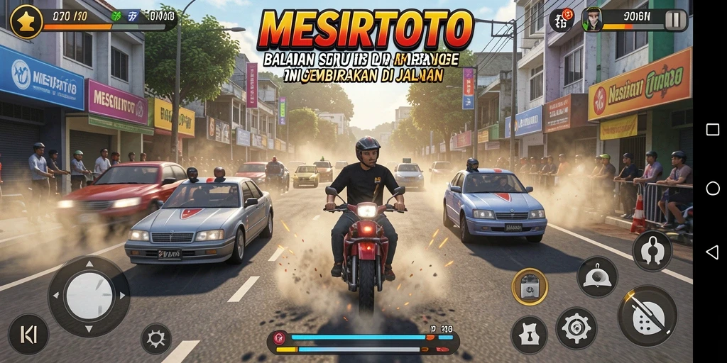 Screenshot gameplay MESIRTOTO menampilkan balapan yang seru dan mendebarkan.