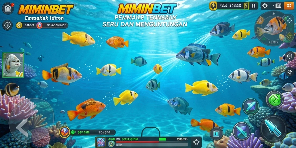 Tampilan grafis MIMINBET saat menangkap ikan di bawah laut.