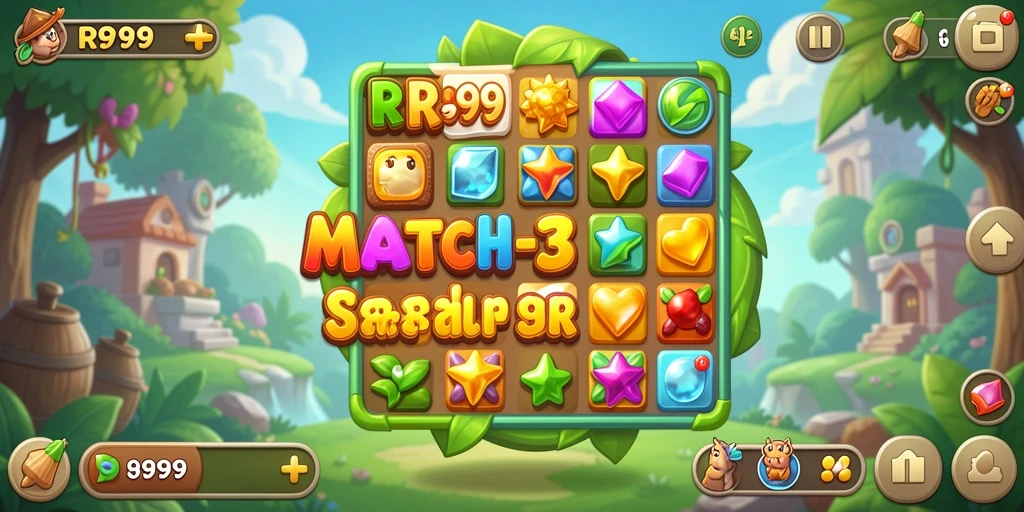 Screenshot gameplay RR999 dengan aksi Match-3 seru.