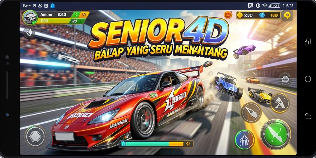 Screenshot utama SENIOR4D menampilkan aksi balapan yang mendebarkan.